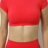 Best Dear-Lover Solid Color Short Sleeve Backless Active Crop Top Fiery Red