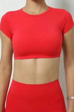 Best Dear-Lover Solid Color Short Sleeve Backless Active Crop Top Fiery Red