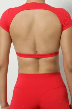 Best Dear-Lover Solid Color Short Sleeve Backless Active Crop Top Fiery Red