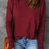 Clearance Dear-Lover Solid Crew Neck Long Sleeve Top Fiery Red