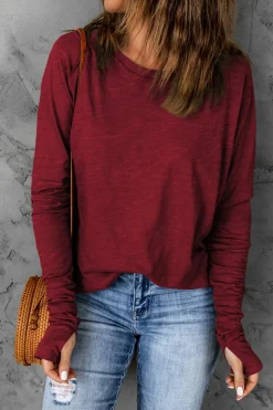 Clearance Dear-Lover Solid Crew Neck Long Sleeve Top Fiery Red