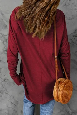 Clearance Dear-Lover Solid Crew Neck Long Sleeve Top Fiery Red