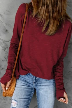 Clearance Dear-Lover Solid Crew Neck Long Sleeve Top Fiery Red