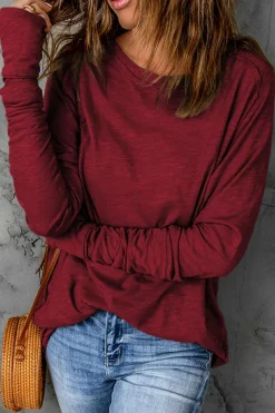 Clearance Dear-Lover Solid Crew Neck Long Sleeve Top Fiery Red