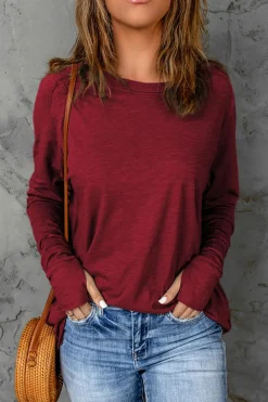 Clearance Dear-Lover Solid Crew Neck Long Sleeve Top Fiery Red