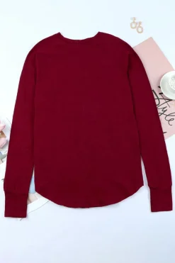 Clearance Dear-Lover Solid Crew Neck Long Sleeve Top Fiery Red