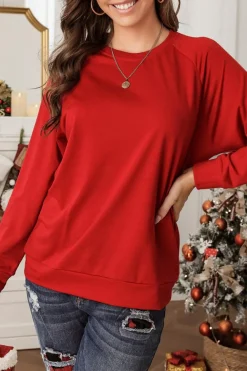 Best Dear-Lover Solid Round Neck Raglan Sleeve Sweatshirt Fiery Red
