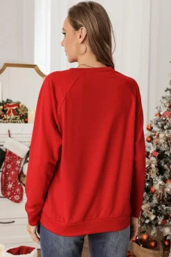 Best Dear-Lover Solid Round Neck Raglan Sleeve Sweatshirt Fiery Red
