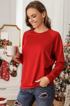Best Dear-Lover Solid Round Neck Raglan Sleeve Sweatshirt Fiery Red