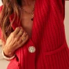 Best Dear-Lover Solid Textured Knit Side Pockets Buttoned Sweater Vest Fiery Red