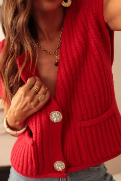 Best Dear-Lover Solid Textured Knit Side Pockets Buttoned Sweater Vest Fiery Red