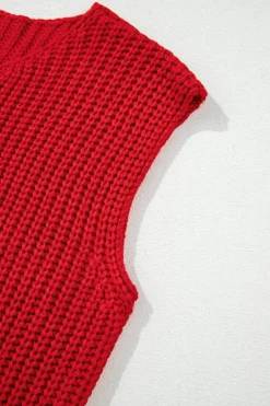 Best Dear-Lover Solid Textured Knit Side Pockets Buttoned Sweater Vest Fiery Red