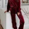 Outlet Dear-Lover Solid Velvet Two Piece Lounge Set Fiery Red