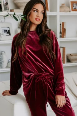 Outlet Dear-Lover Solid Velvet Two Piece Lounge Set Fiery Red
