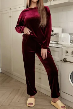 Outlet Dear-Lover Solid Velvet Two Piece Lounge Set Fiery Red