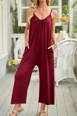 Online Dear-Lover Spaghetti Straps Wide Leg Pocketed Jumpsuits Fiery Red