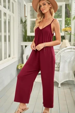 Online Dear-Lover Spaghetti Straps Wide Leg Pocketed Jumpsuits Fiery Red