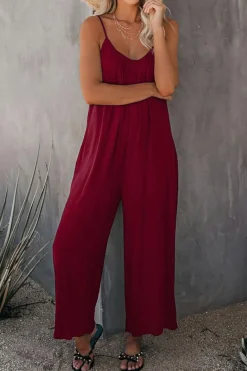 Online Dear-Lover Spaghetti Straps Wide Leg Pocketed Jumpsuits Fiery Red