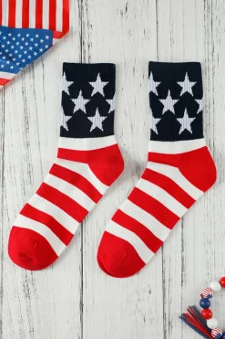 Outlet Dear-Lover Star and Striped Print Ribbed Knit Crew Socks Fiery Red