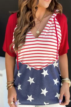 Best Dear-Lover Stars and Stripes Print Drawstring Hooded T Shirt Fiery Red