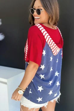 Best Dear-Lover Stars and Stripes Print Drawstring Hooded T Shirt Fiery Red