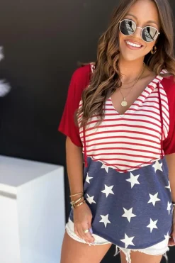 Best Dear-Lover Stars and Stripes Print Drawstring Hooded T Shirt Fiery Red