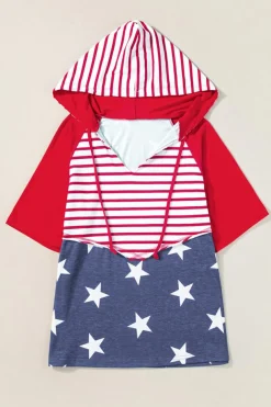 Best Dear-Lover Stars and Stripes Print Drawstring Hooded T Shirt Fiery Red