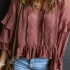 Outlet Dear-Lover Swiss Dot Lace up V Neck Ruffled Blouse Fiery Red