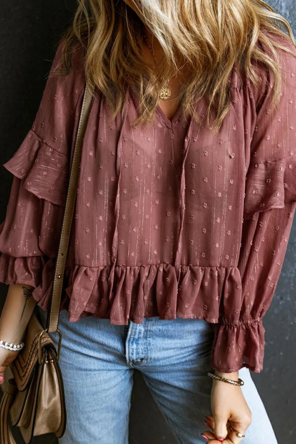 Outlet Dear-Lover Swiss Dot Lace up V Neck Ruffled Blouse Fiery Red