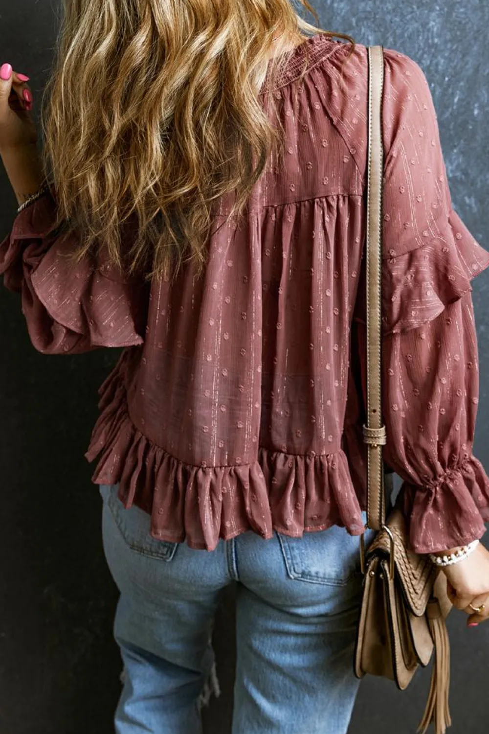 Outlet Dear-Lover Swiss Dot Lace up V Neck Ruffled Blouse Fiery Red