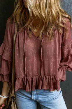 Outlet Dear-Lover Swiss Dot Lace up V Neck Ruffled Blouse Fiery Red