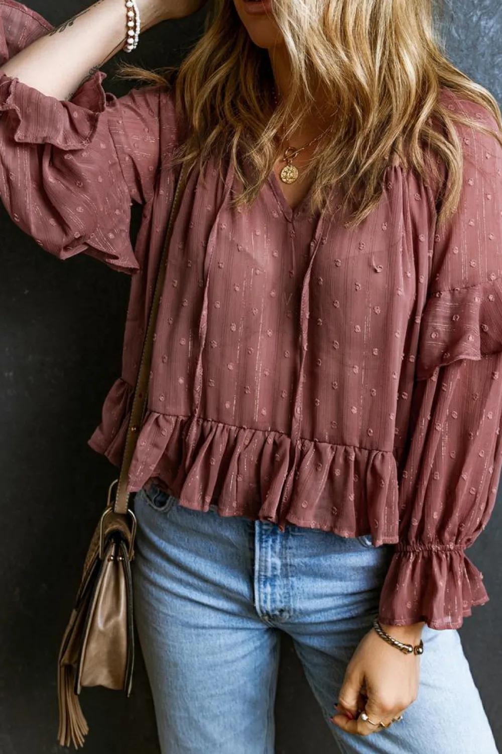 Outlet Dear-Lover Swiss Dot Lace up V Neck Ruffled Blouse Fiery Red