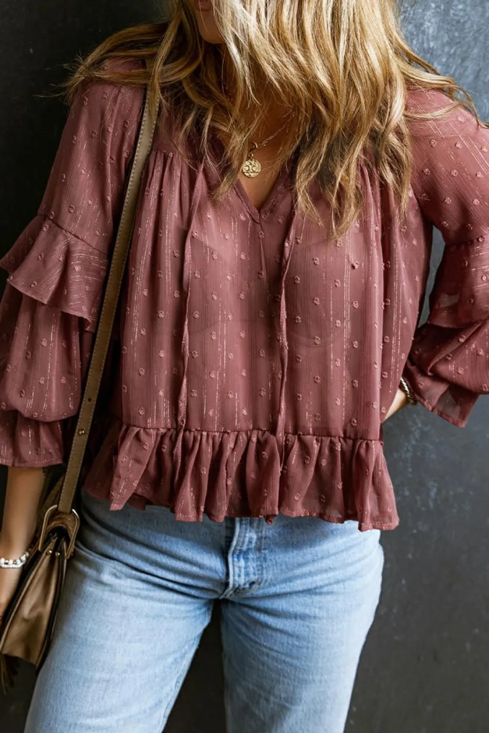 Outlet Dear-Lover Swiss Dot Lace up V Neck Ruffled Blouse Fiery Red