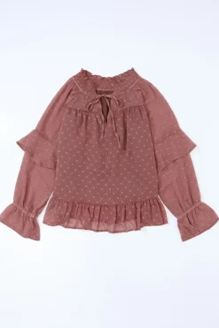 Outlet Dear-Lover Swiss Dot Lace up V Neck Ruffled Blouse Fiery Red
