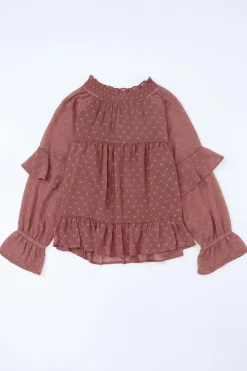 Outlet Dear-Lover Swiss Dot Lace up V Neck Ruffled Blouse Fiery Red