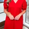 Outlet Dear-Lover Textured Collared V Neck Puff Short Sleeve Shift Mini Dress Fiery Red