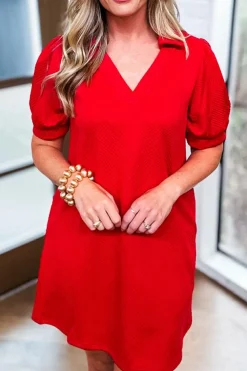 Outlet Dear-Lover Textured Collared V Neck Puff Short Sleeve Shift Mini Dress Fiery Red