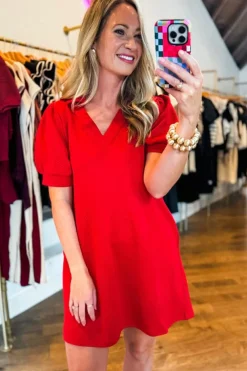 Outlet Dear-Lover Textured Collared V Neck Puff Short Sleeve Shift Mini Dress Fiery Red