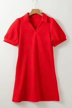 Outlet Dear-Lover Textured Collared V Neck Puff Short Sleeve Shift Mini Dress Fiery Red