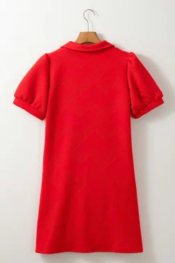 Outlet Dear-Lover Textured Collared V Neck Puff Short Sleeve Shift Mini Dress Fiery Red