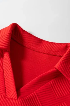 Outlet Dear-Lover Textured Collared V Neck Puff Short Sleeve Shift Mini Dress Fiery Red