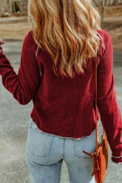 New Dear-Lover Textured Round Neck Long Sleeve Top Fiery Red