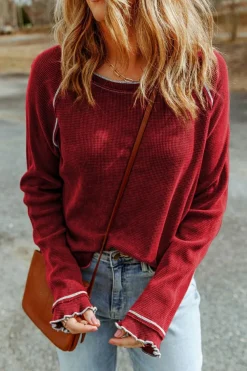New Dear-Lover Textured Round Neck Long Sleeve Top Fiery Red