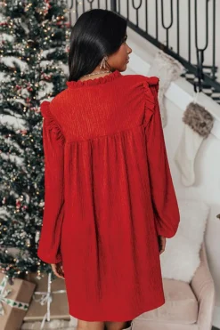 Online Dear-Lover Textured Ruffled Trim V Neck Loose Fit Mini Dress Fiery Red