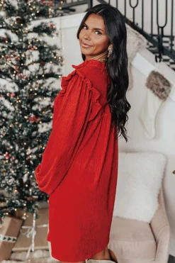 Online Dear-Lover Textured Ruffled Trim V Neck Loose Fit Mini Dress Fiery Red