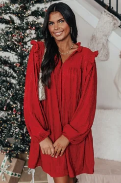 Online Dear-Lover Textured Ruffled Trim V Neck Loose Fit Mini Dress Fiery Red