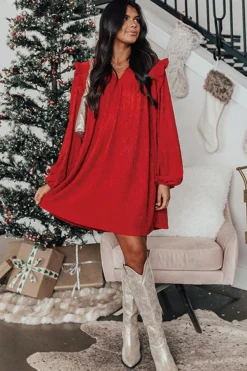 Online Dear-Lover Textured Ruffled Trim V Neck Loose Fit Mini Dress Fiery Red