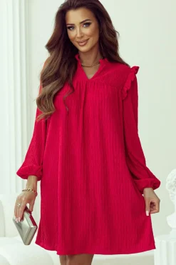 Online Dear-Lover Textured Ruffled Trim V Neck Loose Fit Mini Dress Fiery Red