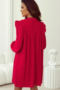 Online Dear-Lover Textured Ruffled Trim V Neck Loose Fit Mini Dress Fiery Red