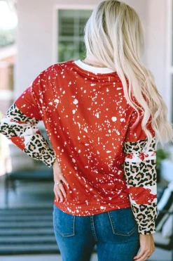 Fashion Dear-Lover Tie-Dye Leopard Long Sleeve Top Fiery Red